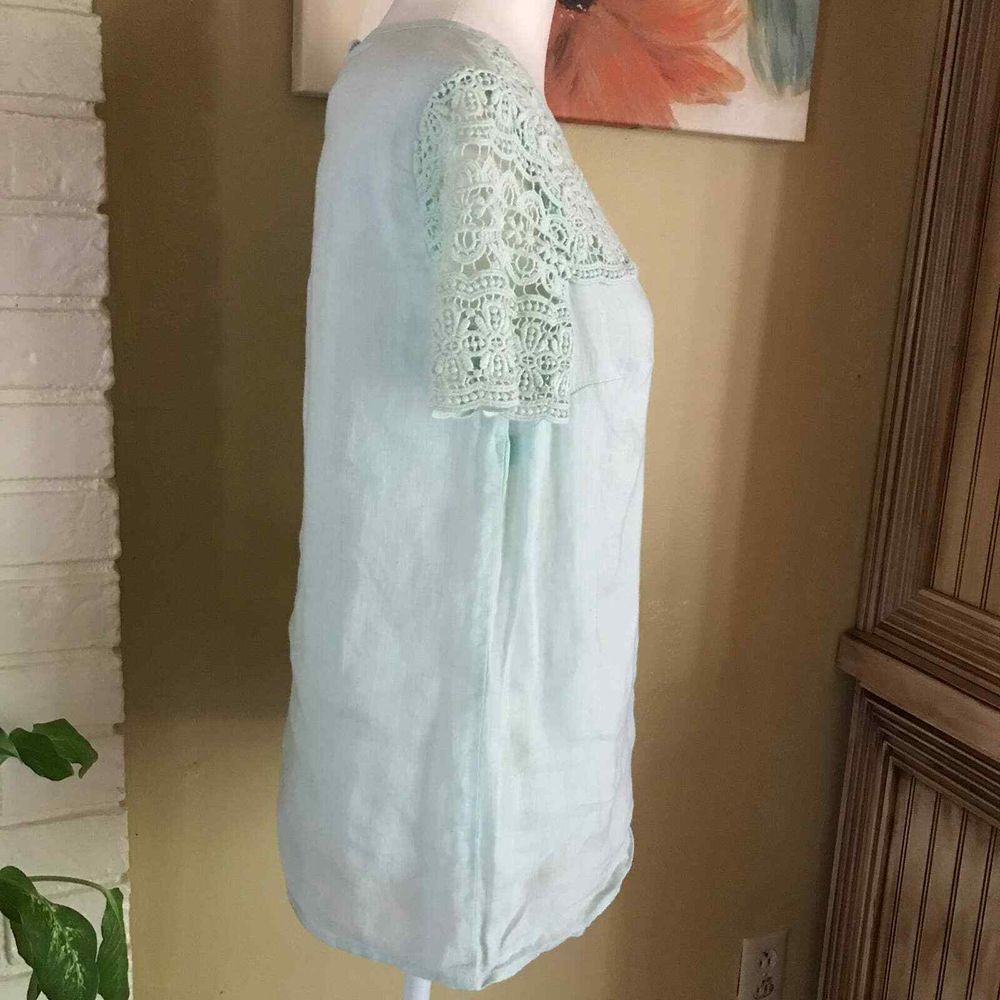 J Crew Top Womens 2 Mint Green Linen Crochet Lace Blouse‎ Beachy Cruise Vacation - Picture 2 of 13